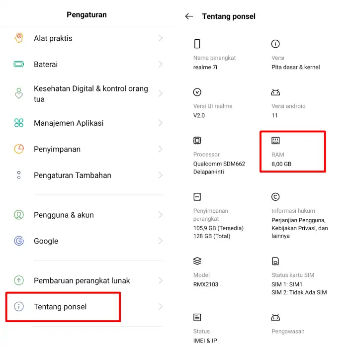 Cek RAM Realme Melalui Pengaturan