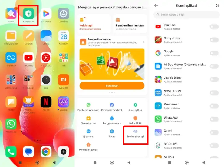 Sembunyikan aplikasi melalui aplikasi Keamanan Xiaomi
